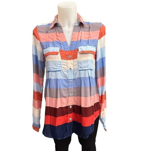 Anthropologie Maeve Wynwood Color Block Long‎ Sleeve Button Down Top sz 2 flawed - Picture 1 of 9
